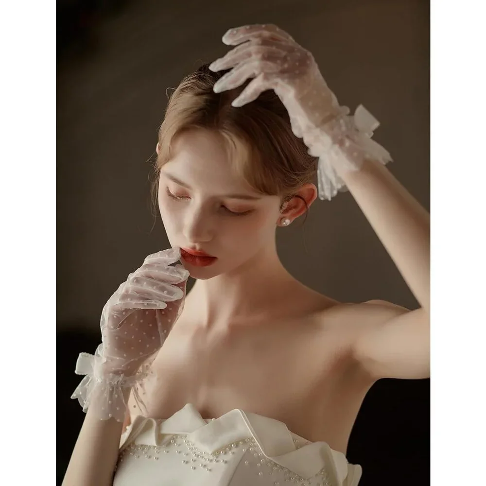 Women's Pink Short Polka Dot Lace Bow Mesh Party Wedding Bridal Gloves Prom